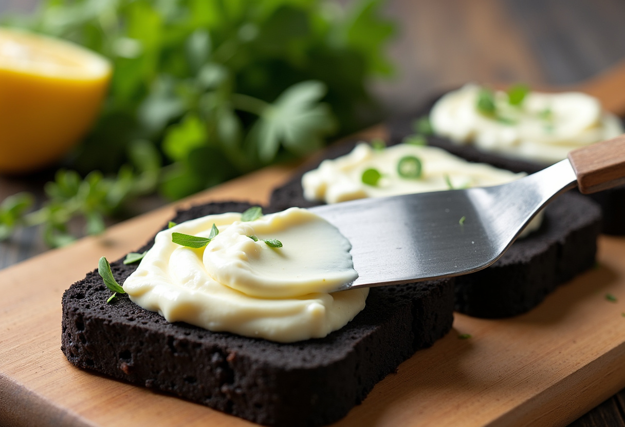Fromage frais étalé sur des tranches de pain noir pour des canapés de saumon fumé.