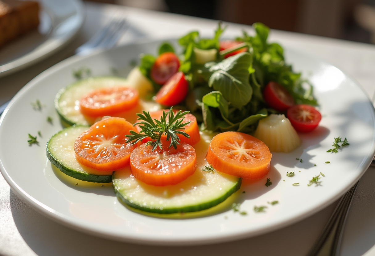 Finished carpaccio de melon and courgette garnished, a delightful summer dish.