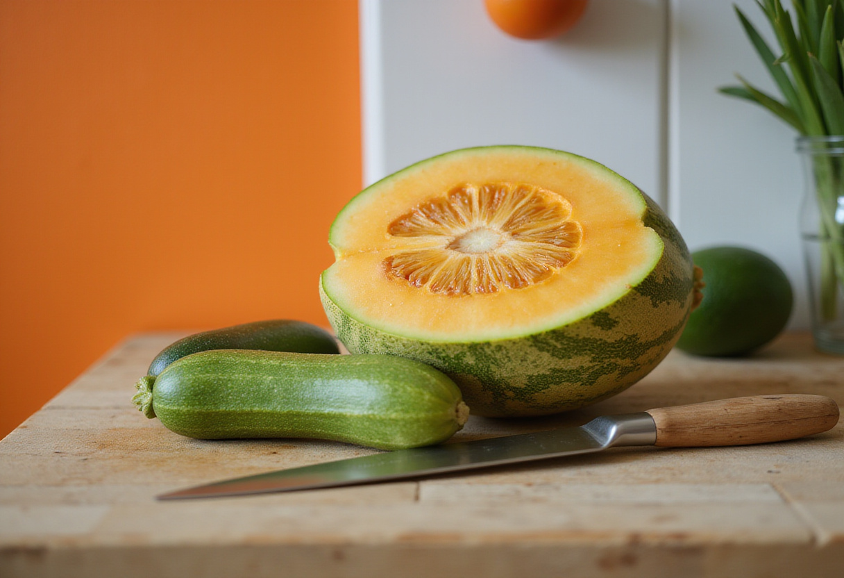 Preparation of carpaccio de melon and courgette garnished for summer dishes.