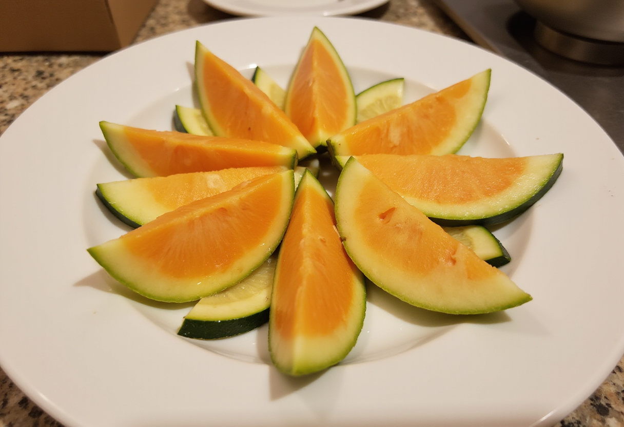 Artfully arranged slices of melon and courgette for a refreshing summer carpaccio.
