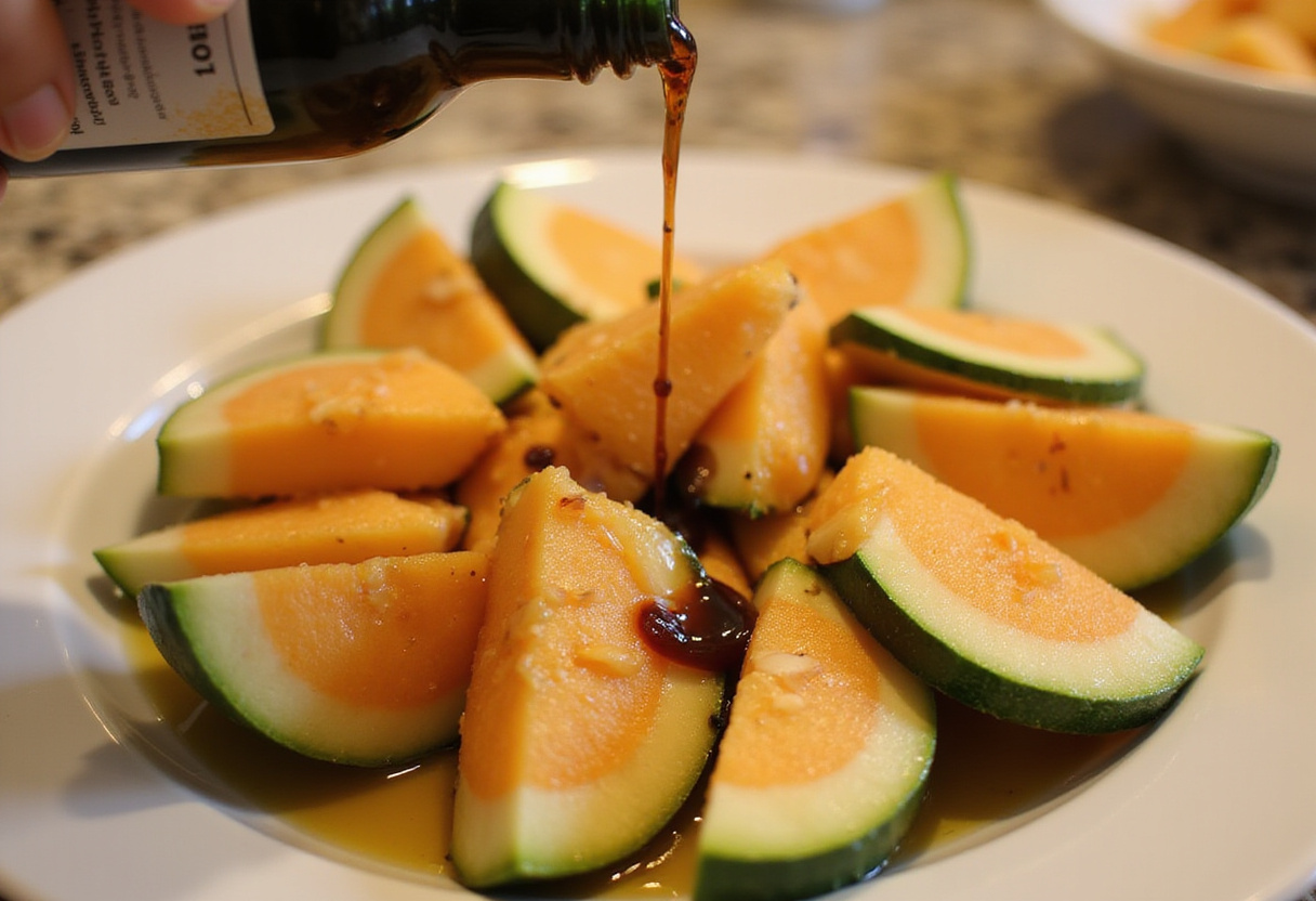 Olive oil and balsamic vinegar added to carpaccio de melon for summer recipes.