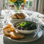 Delicious caviar d'aubergine provençal served as a refreshing entrée froide with crispy bread.