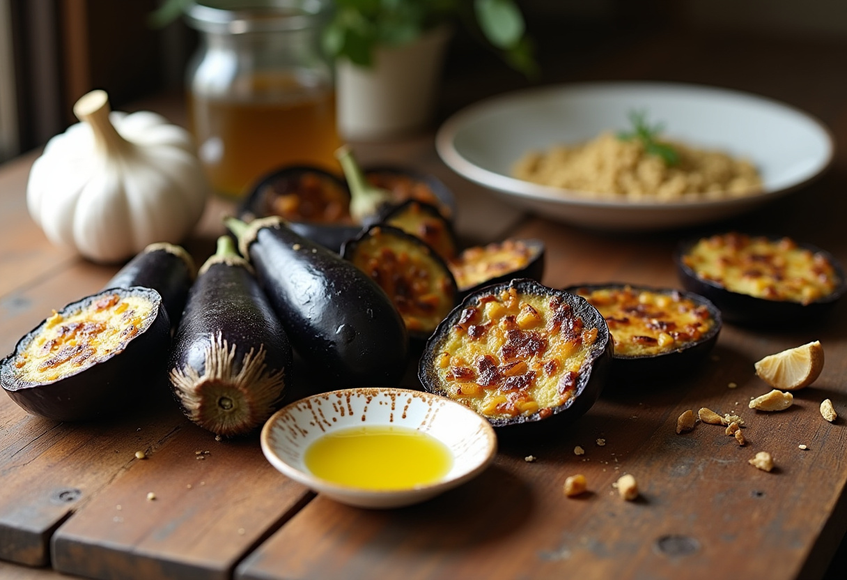 Fresh roasted eggplants, garlic, and olive oil for making caviar d'aubergine provençal.
