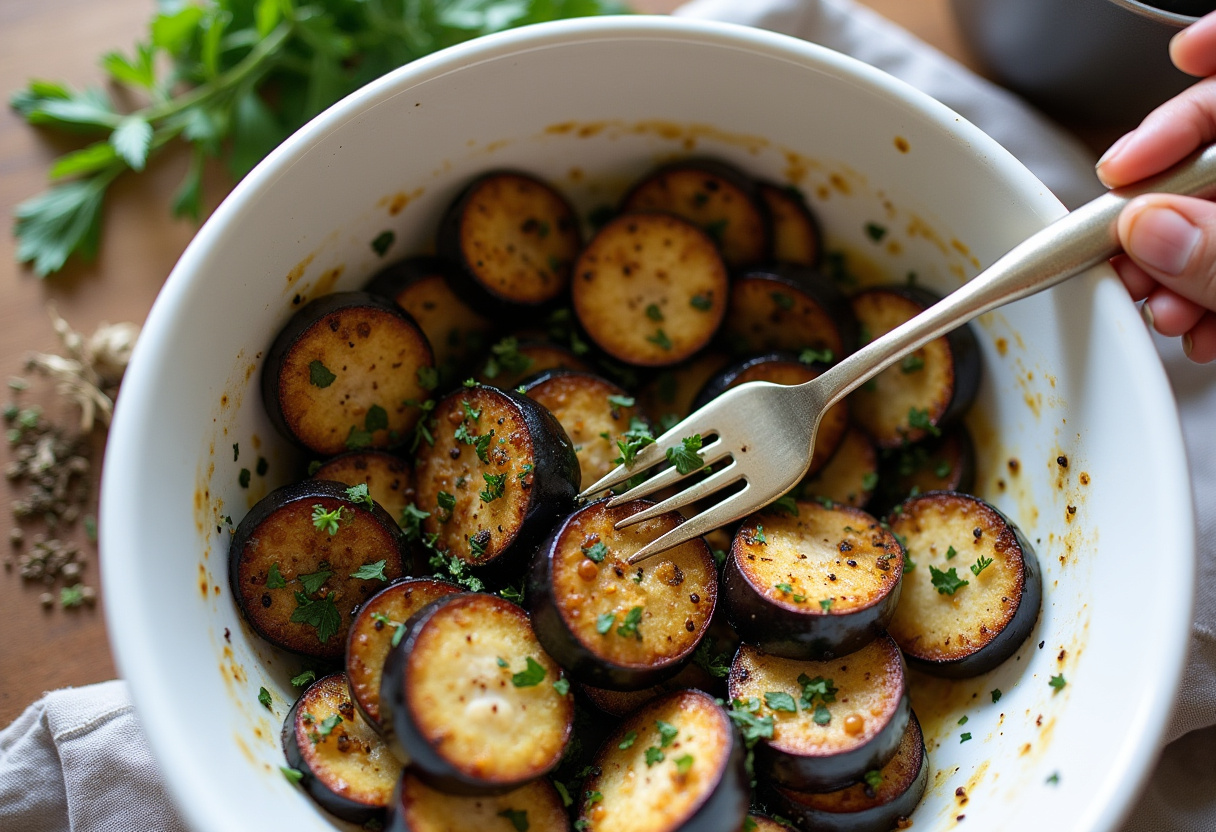Mashing roasted eggplant for caviar d'aubergine, a fresh entrée froide recipe.