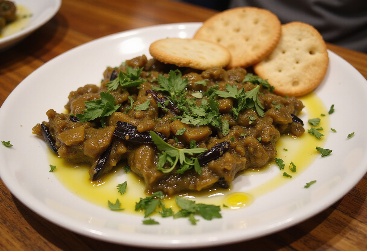 Platter of caviar d'aubergine à la provençale ready to serve as an antipasti dish.