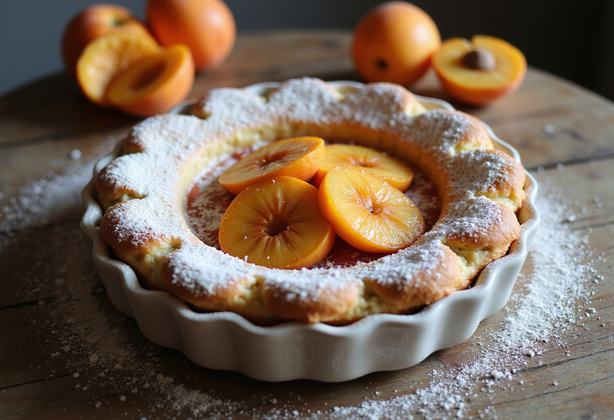 Clafoutis aux abricots fini, un délicieux dessert aux abricots parfait à déguster comme une douceur sucrée.
