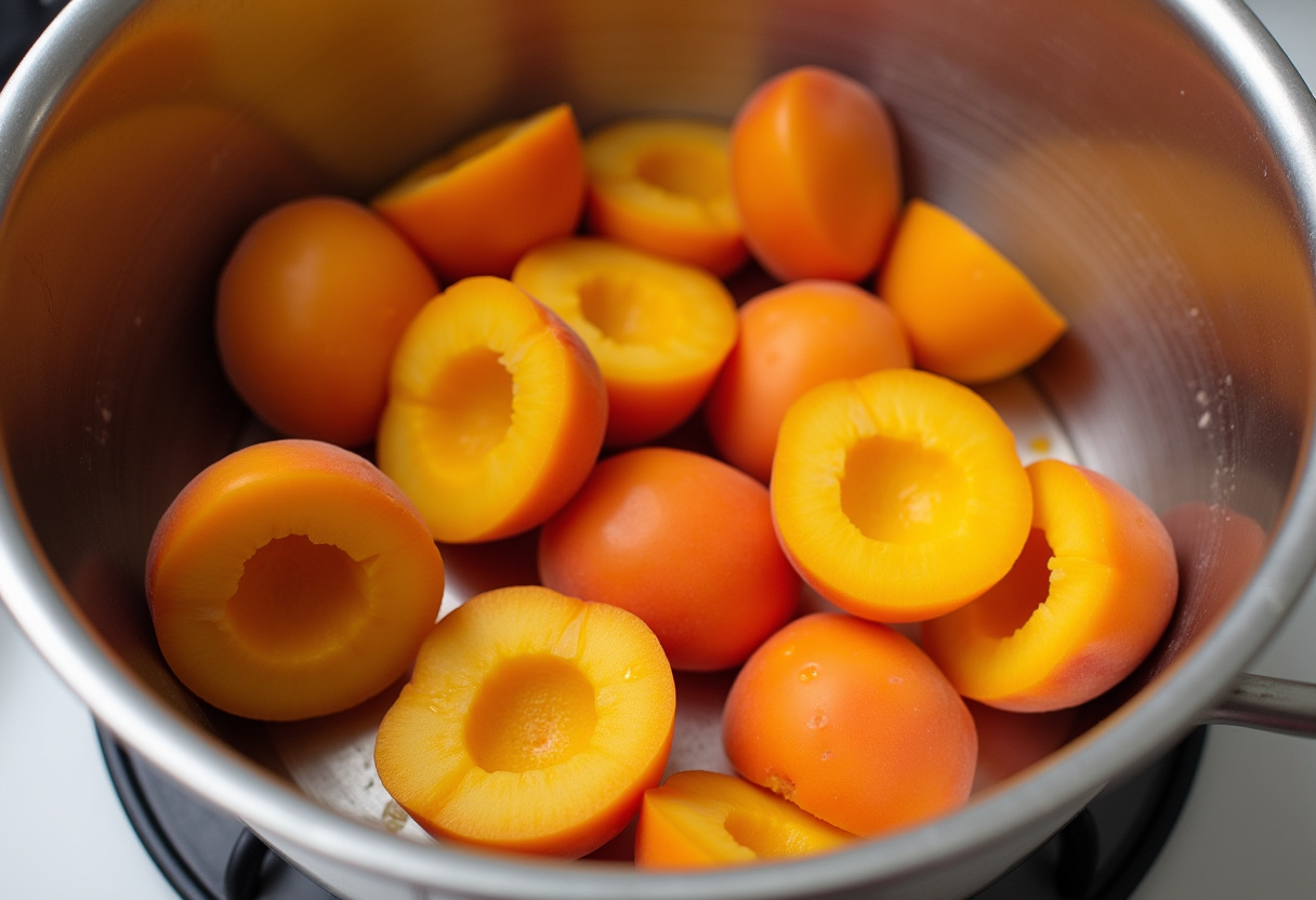 Abricots coupés en deux préparés pour la recette du clafoutis, mettant en valeur l'ingrédient principal de la recette clafoutis abricots.