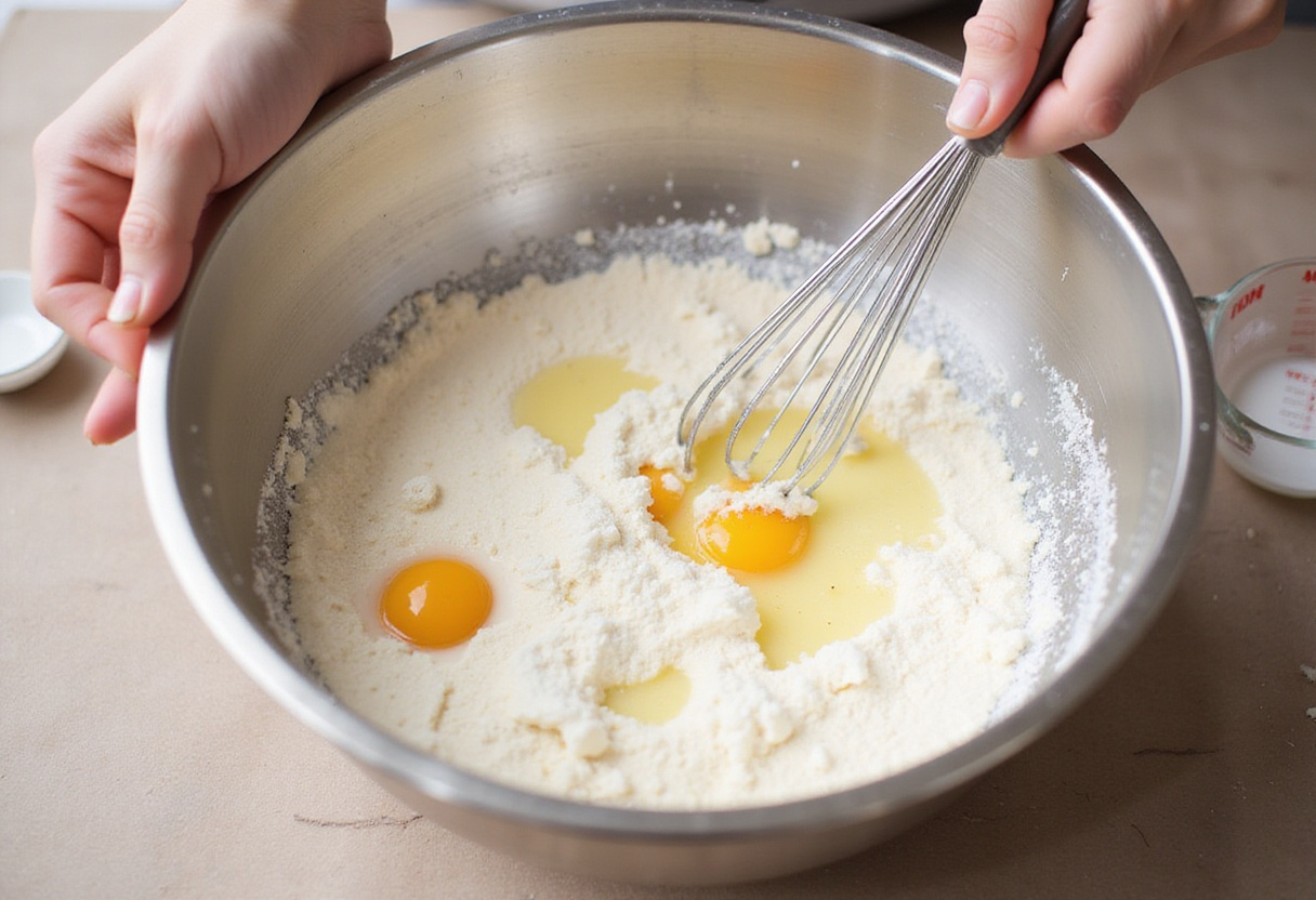 Préparation de la pâte pour le clafoutis aux abricots, mélangeant la farine, le sucre, le lait et les œufs pour un délicieux dessert aux abricots.