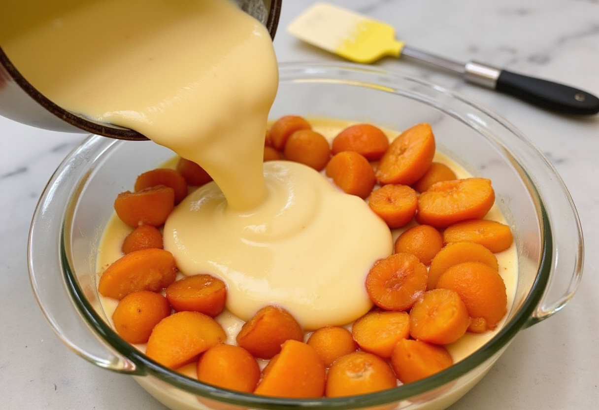 Pâte versée sur les abricots dans un plat de cuisson pour le gâteau abricot, prêt à être cuit.