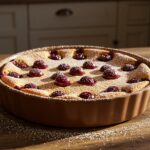 Delicious clafoutis aux cerises dessert decorated with powdered sugar and fresh cherries, ideal for summer gatherings.