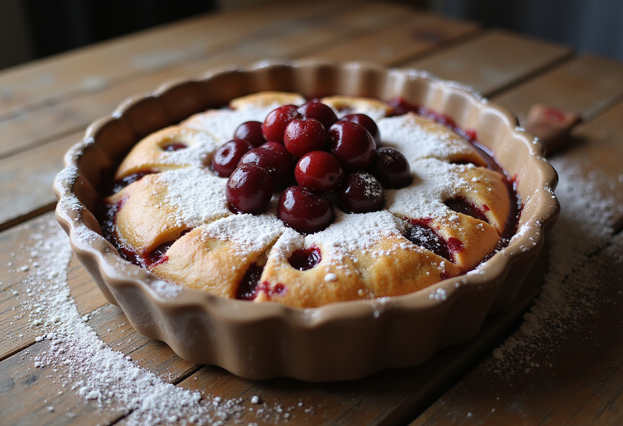 Délicieux clafoutis aux cerises décoré de sucre glace et de cerises fraîches, idéal pour les réunions estivales.