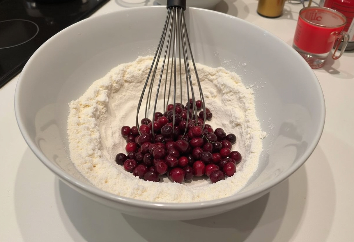 Cerises dénoyautées mélangées avec du sucre et de la farine pour la recette de clafoutis aux cerises.