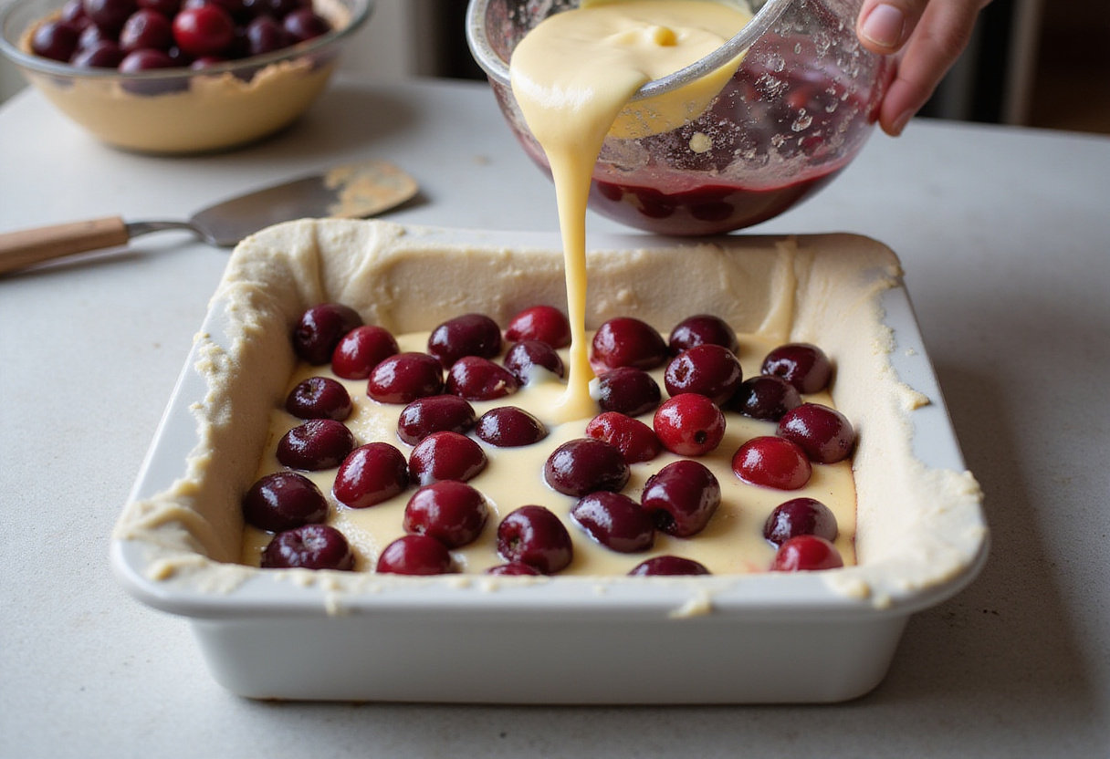 Plat de cuisson graissé avec du beurre pour la préparation du clafoutis aux cerises.