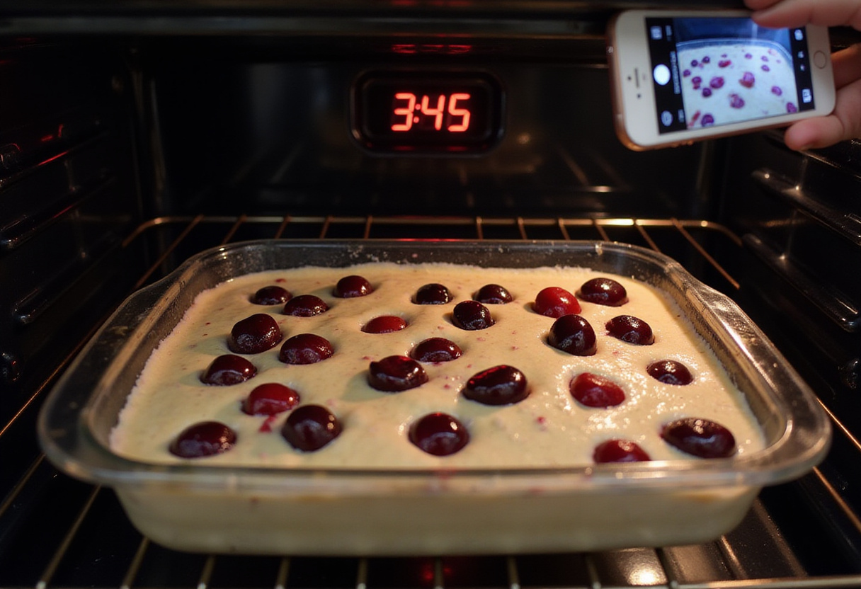 Plat de cuisson avec le mélange de clafoutis aux cerises placé dans le four.