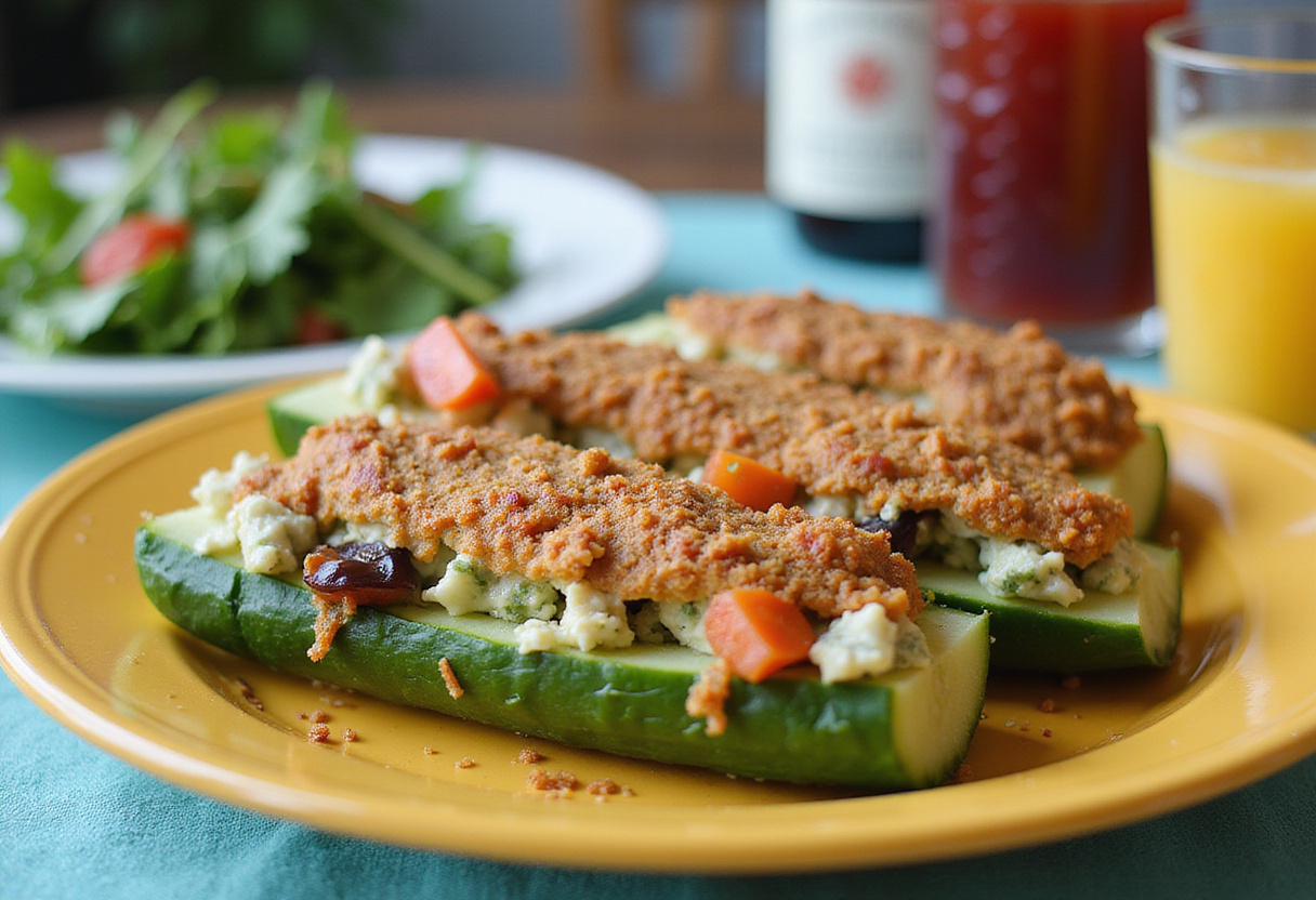 Présentation finale des concombres farcis au thon, un plat léger parfait pour l'été.