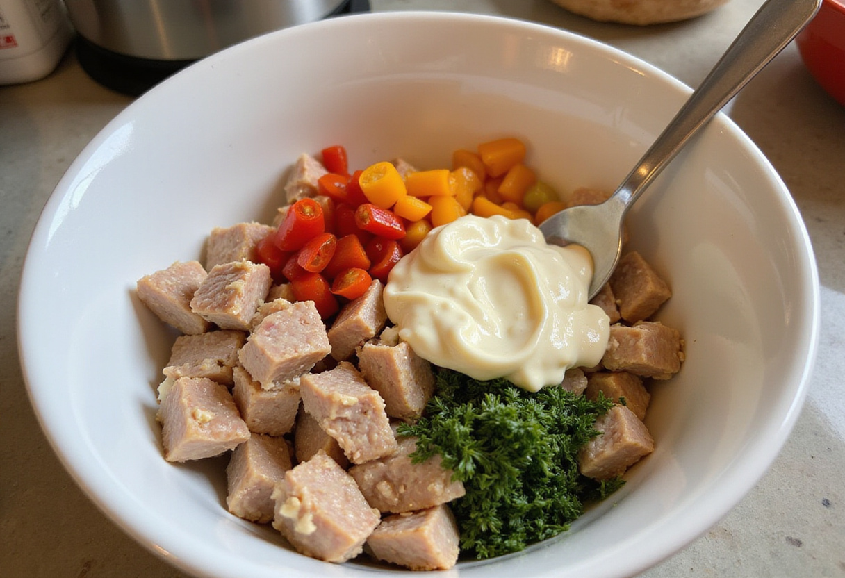 Préparation du mélange de salade de thon pour une recette facile de concombres farcis.