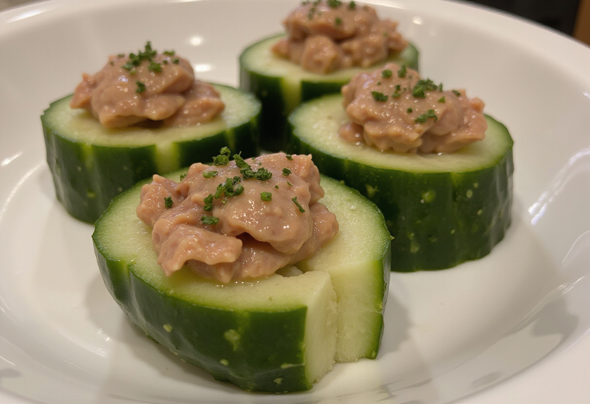 Concombres farcis avec de la garniture de thon, un plat léger parfait pour l'été.