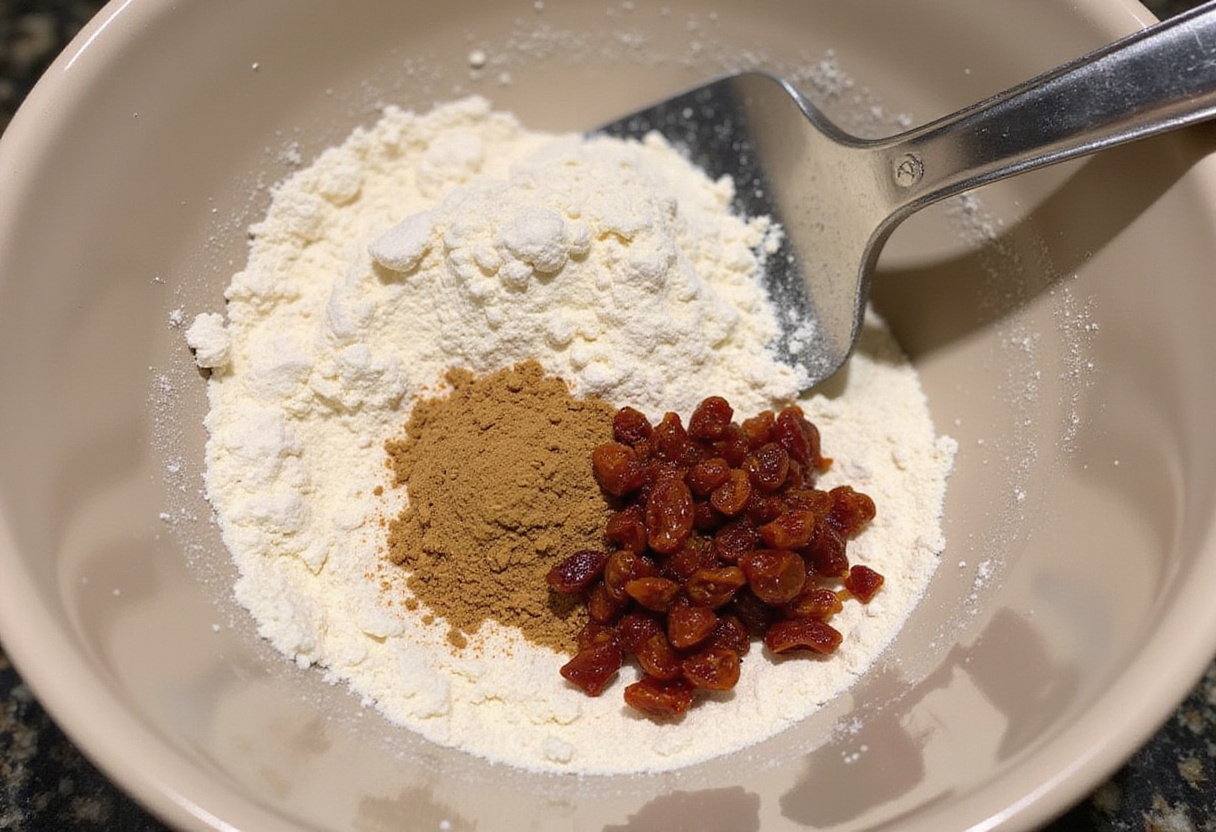 Mélange d'ingrédients pour cookies salés avec chorizo et tomates dans un bol.