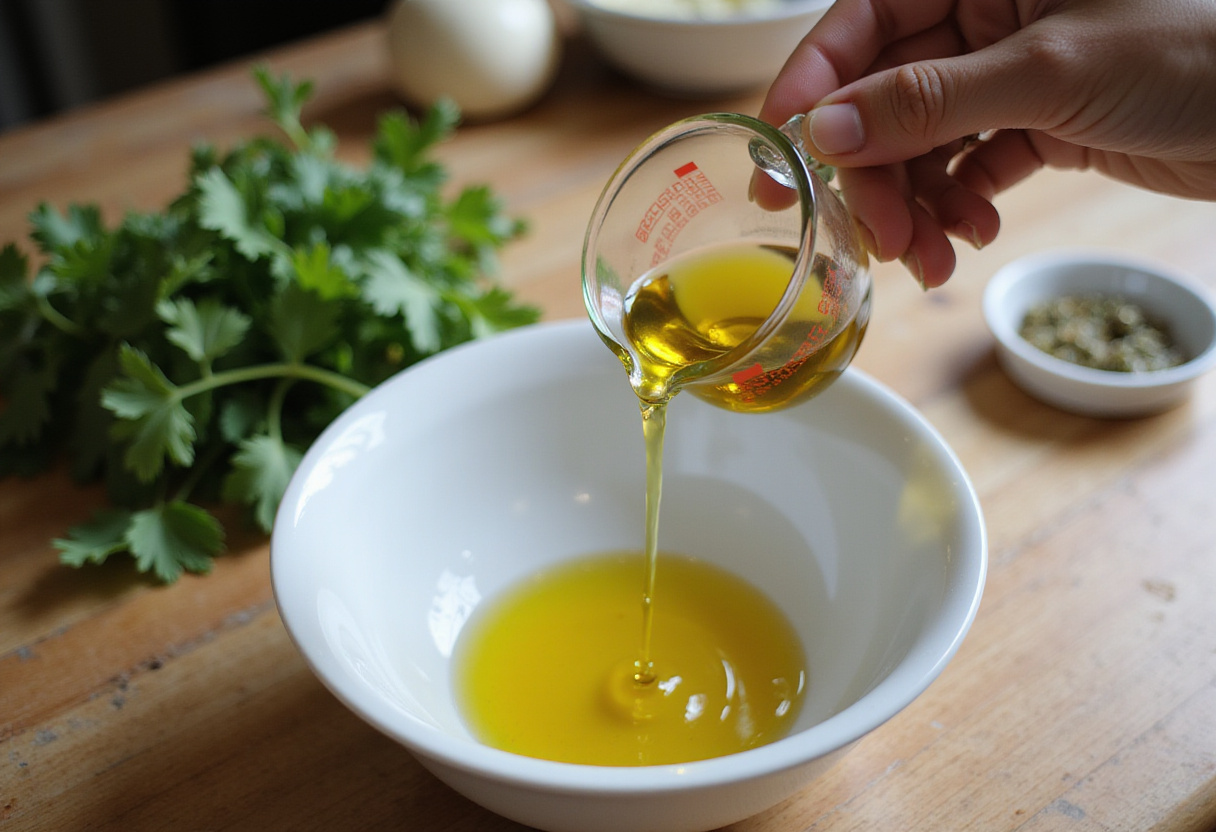 Ajout d'huile d'olive au mélange pour cookies salés avec chorizo et tomates.