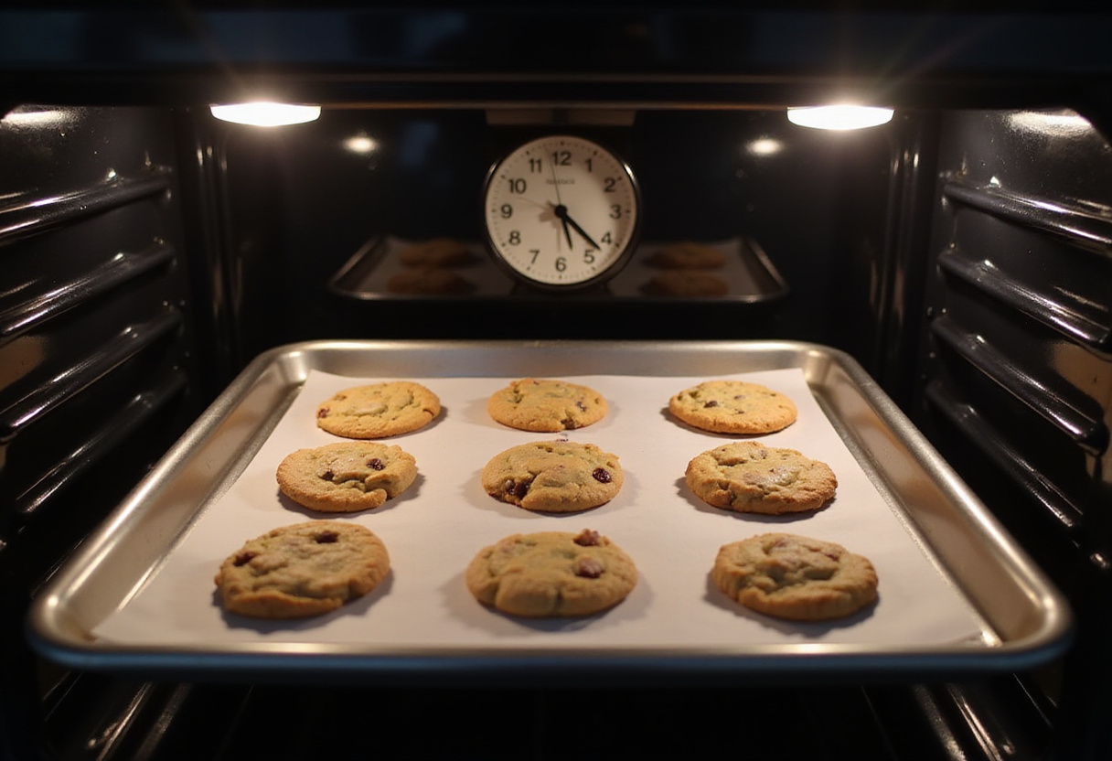 Plaque de cookies salés au chorizo et tomates mise au four pour cuisson.
