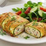 Finished cordon bleu de courgette served with salad, a delicious vegetarian recipe.