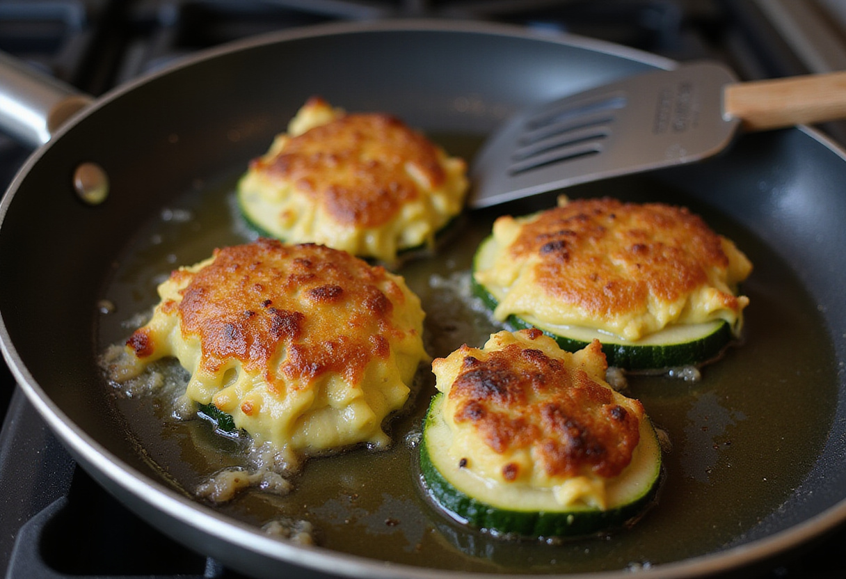 Cuisson du cordon bleu de courgette dans une poêle jusqu'à ce qu'il soit doré.
