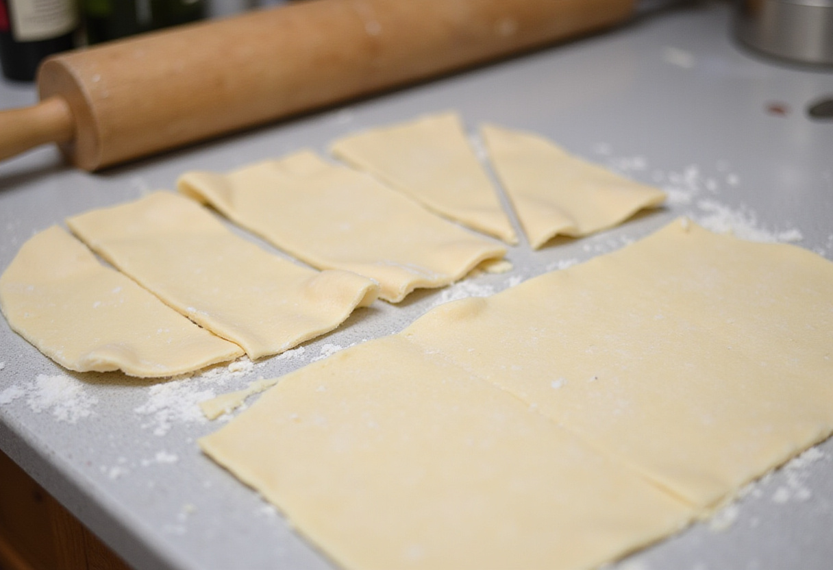 Triangles de pâte feuilletée prêts pour la confection des cornets feuilletés saumon pour les amuses bouches.