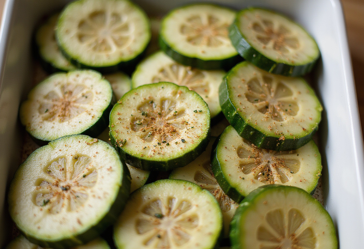 Courgettes tranchées et assaisonnées pour les courgettes au four, soulignant la préparation simple de la recette.
