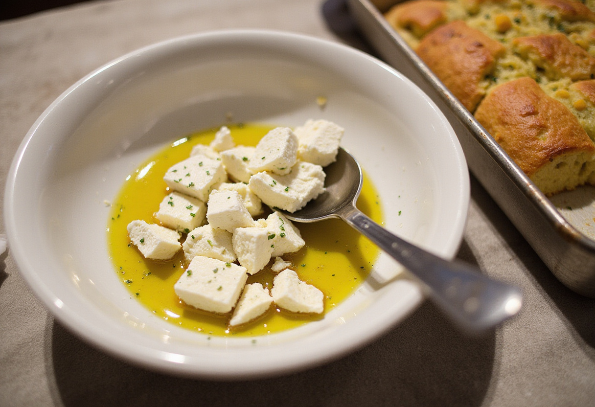 Feta mélangée à de l'huile d'olive pour les courgettes au four, mettant en évidence l'aspect rapide de la recette.