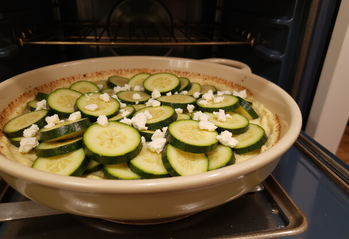 Superposition de courgettes et de feta dans un plat allant au four pour les courgettes au four, capturant le processus simple et rapide de la recette.