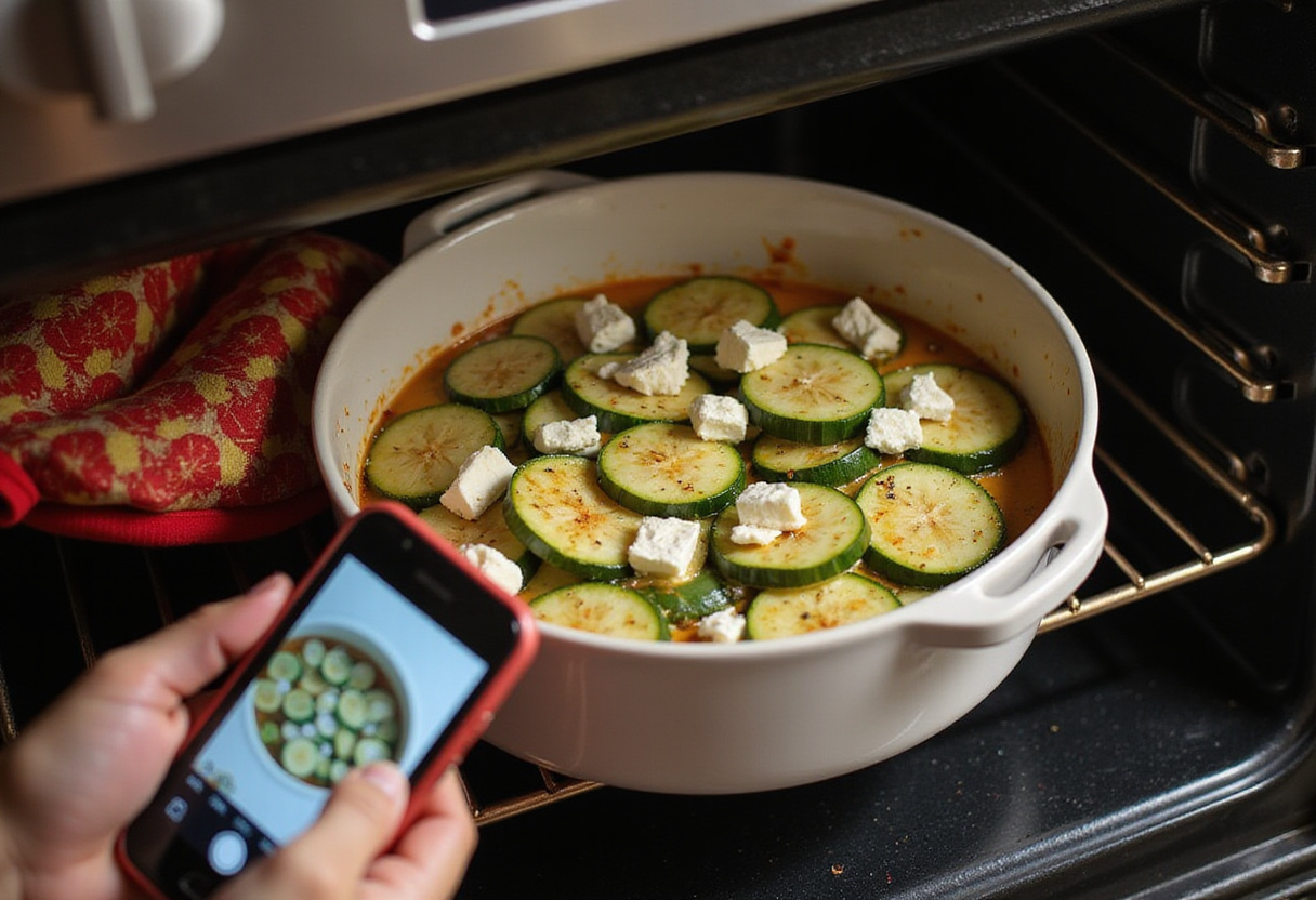Plat de courgettes au four placé dans le four, démontrant la méthode de recette rapide.