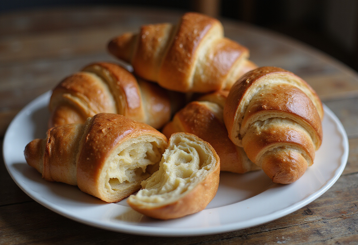 Des croissants fraîchement cuits, servis élégamment sur une assiette, mettant en valeur leur texture feuilletée et beurrée.