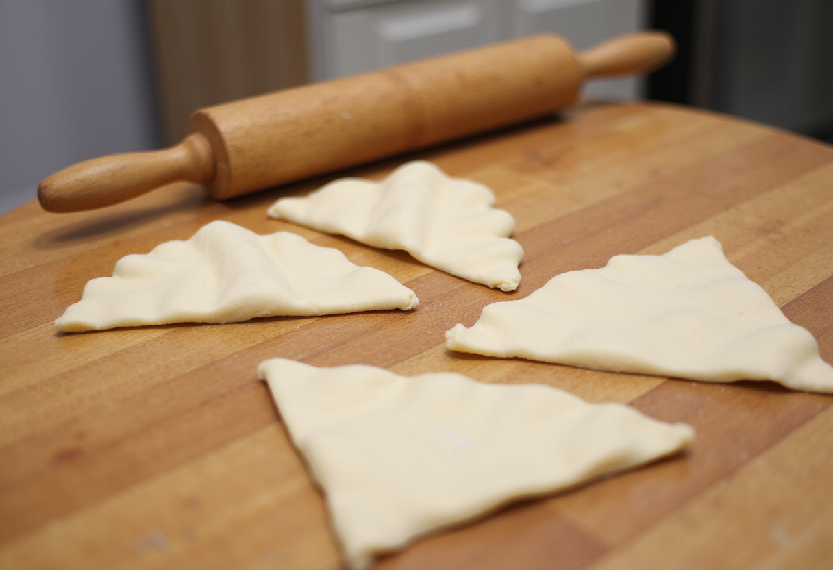 Morceaux de pâte façonnés en triangles pour la fabrication de croissants sur un comptoir en bois.