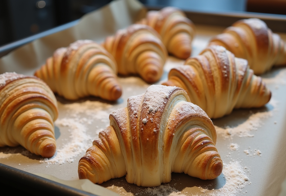 Croissants roulés alignés sur un plateau, prêts à être placés sur une plaque de cuisson pour la cuisson.