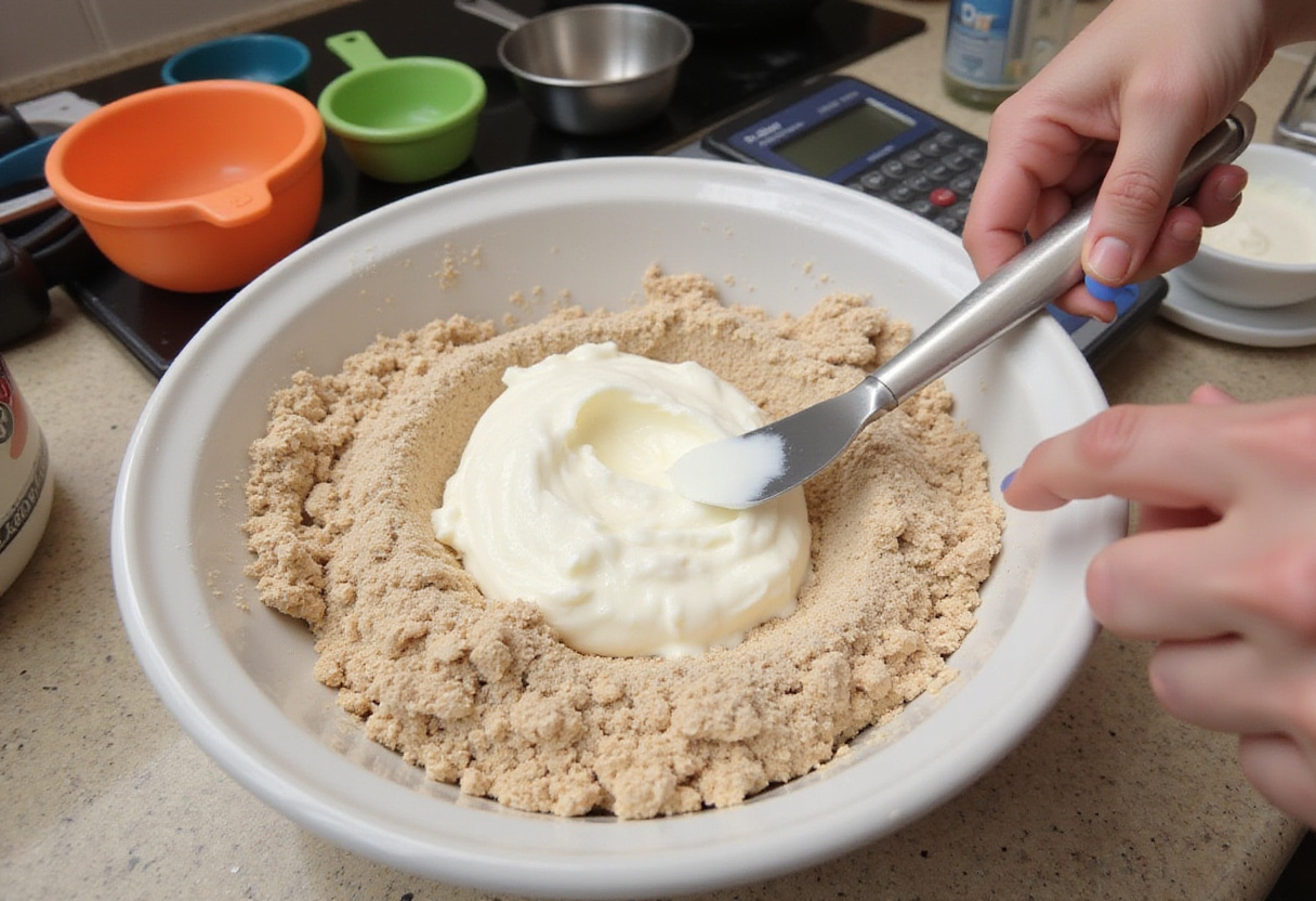 Ingredients being combined to make croissants santé using Greek yogurt and whole wheat flour.
