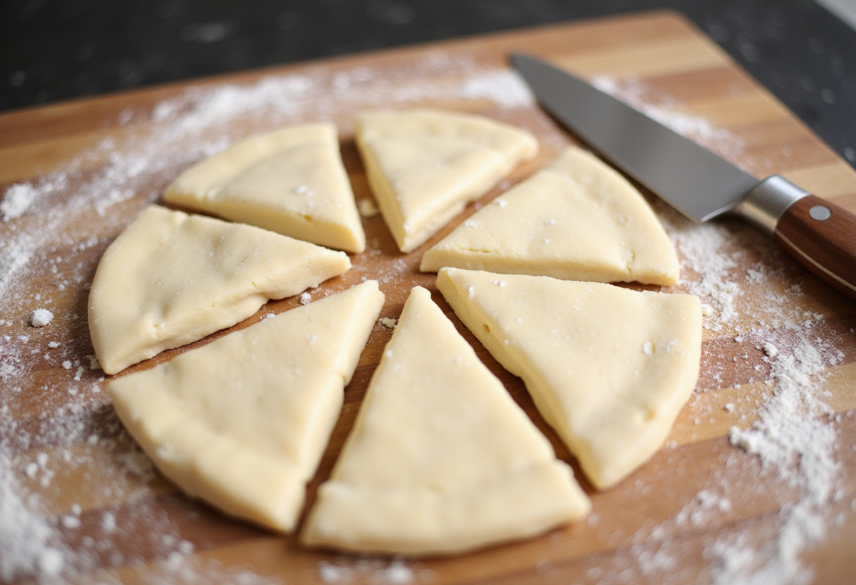 Cutting dough into triangles to prepare croissants au yaourt, a healthy croissant recipe.