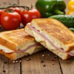 Finished croque-monsieur au comté sandwich, showcasing melted cheese and fresh ingredients, ideal for a summer dish.