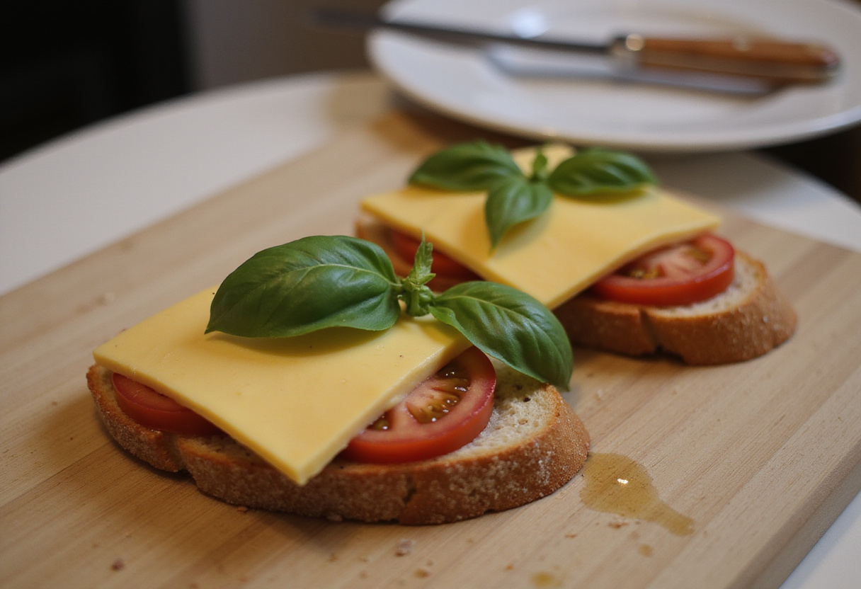 Ingredients for croque-monsieur au comté prepared on a cutting board, perfect for a summer recipe.