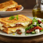 Finished croque-monsieur méditerranéen served with a fresh salad, highlighting a healthy Mediterranean meal.