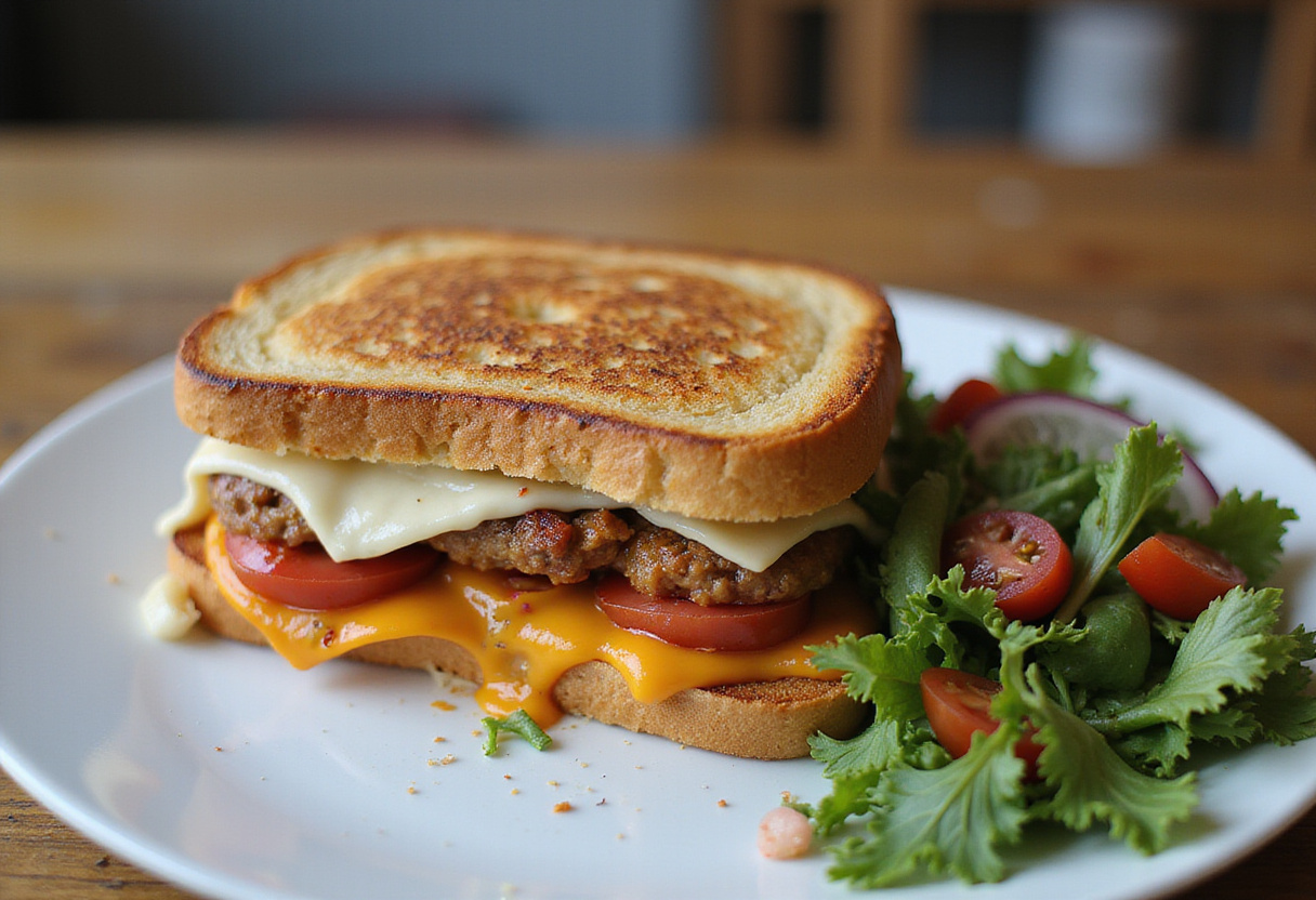 Croque-monsieur méditerranéen terminé, servi avec une salade fraîche, mettant en valeur un repas sain méditerranéen.