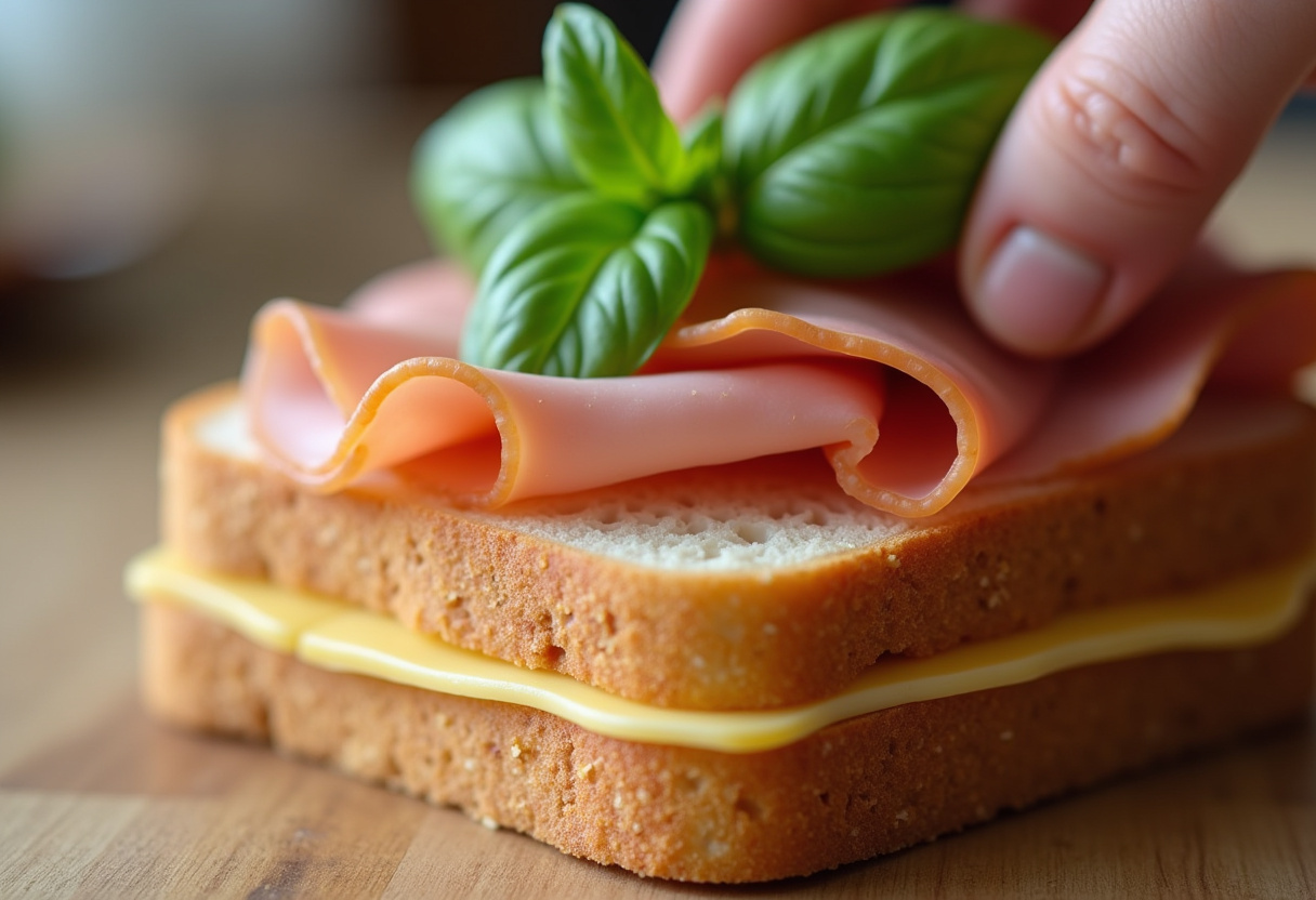 Assemblage du croque-monsieur avec du jambon, du fromage et du basilic pour un repas rapide et sain.