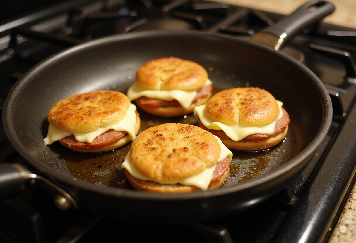 Beurre fondant dans une poêle pour griller le croque-monsieur pour un résultat croustillant et délicieux.