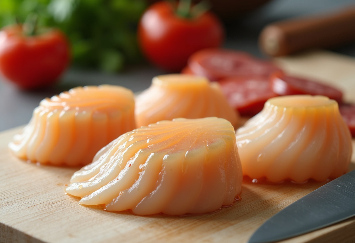 Fresh scallops and chorizo slices prepared for making amuses bouches.