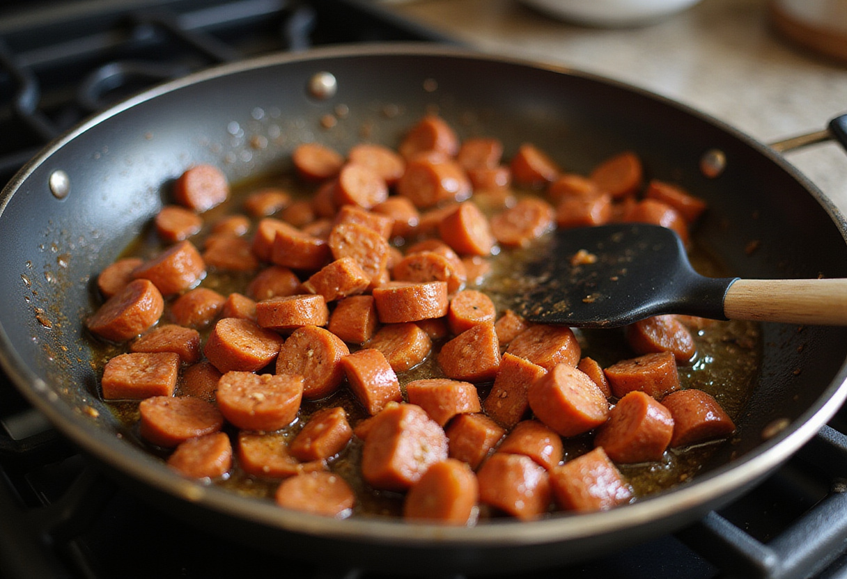 Chopped chorizo sizzling in a skillet, a key element in amuses bouches recipe.