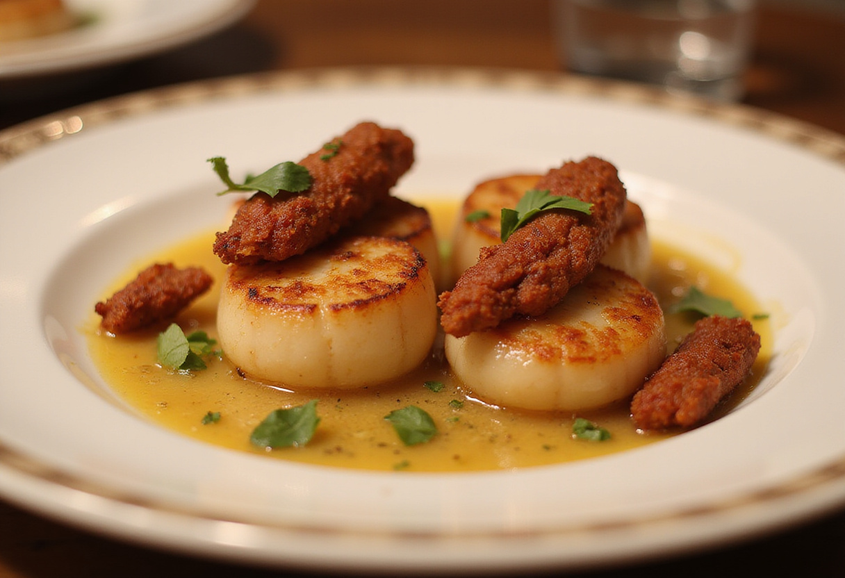 Cooked scallops topped with crispy chorizo, an exquisite hors d'oeuvre for festive occasions.