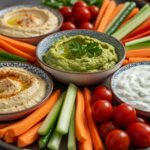 Final presentation of dips légumes de saison with vibrant colors, a perfect addition to any gathering.