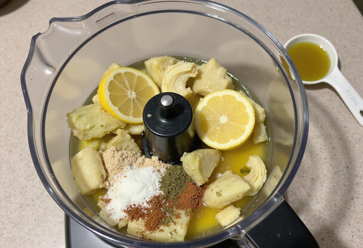 Préparation d'un dip d'artichaut avec des ingrédients frais dans un mixeur pour les dips légumes de saison.