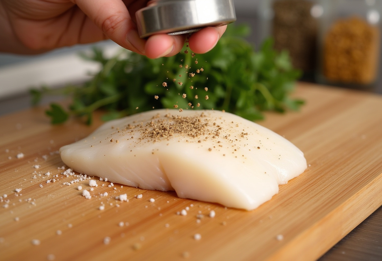 Dos de cabillaud assaisonné prêt pour la recette de cabillaud à la crème.