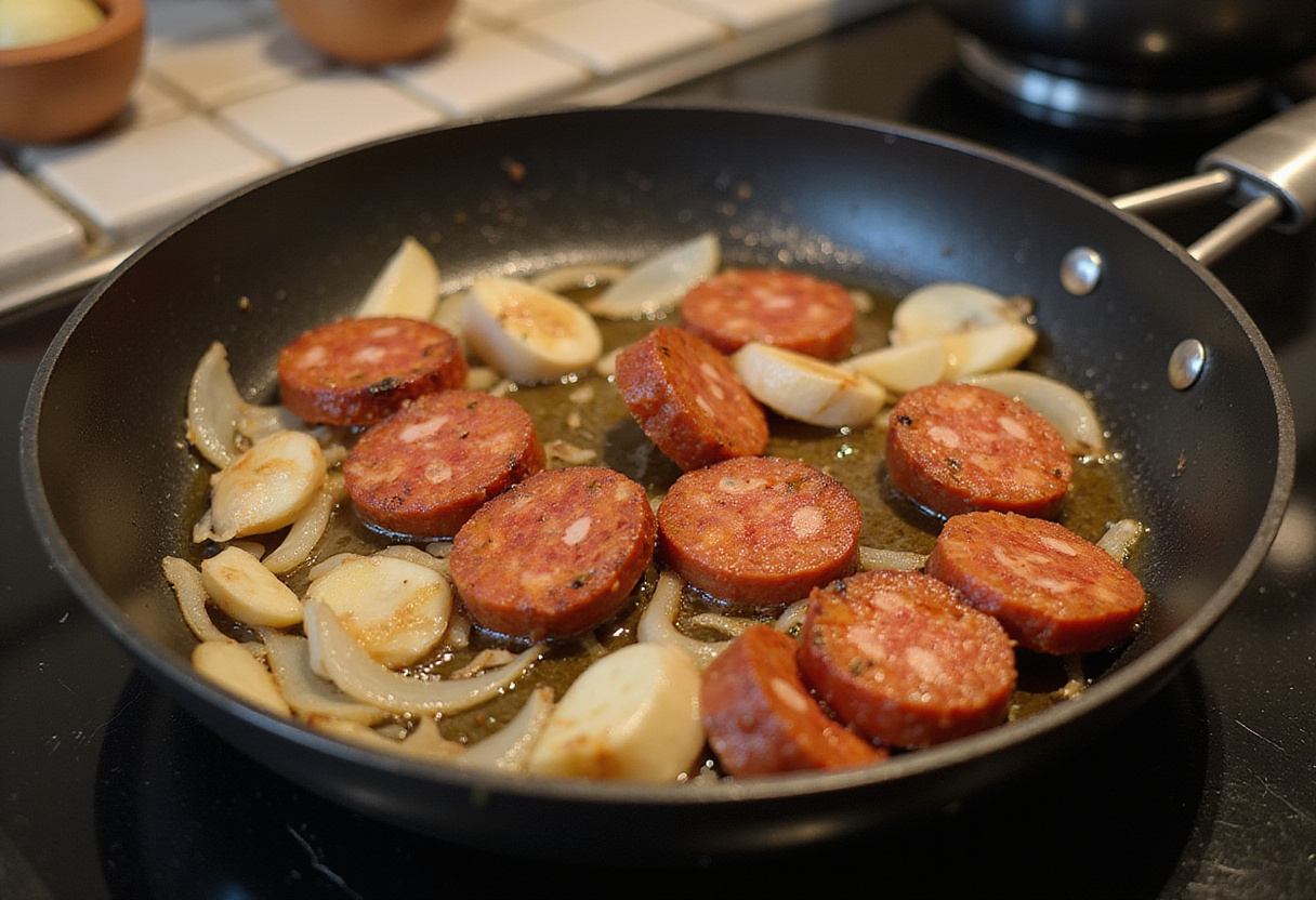 Tranches de chorizo sautées pour la préparation de cabillaud à la crème.