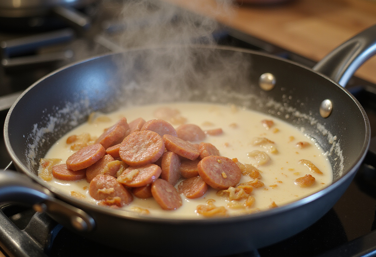 Crème au chorizo mijotant pour la recette de cabillaud à la crème.